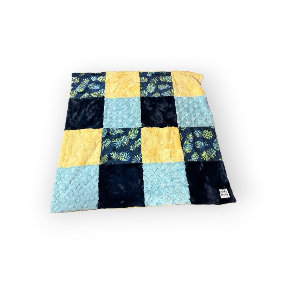Minky Mamas Baby Blanket Patchwork Blue & Yellow Pineapple Plush Soft 36" x 36"